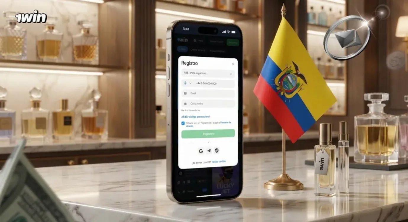 Celular con el formulario de registro de 1win sobre un mostrador de mármol junto a la bandera de Ecuador